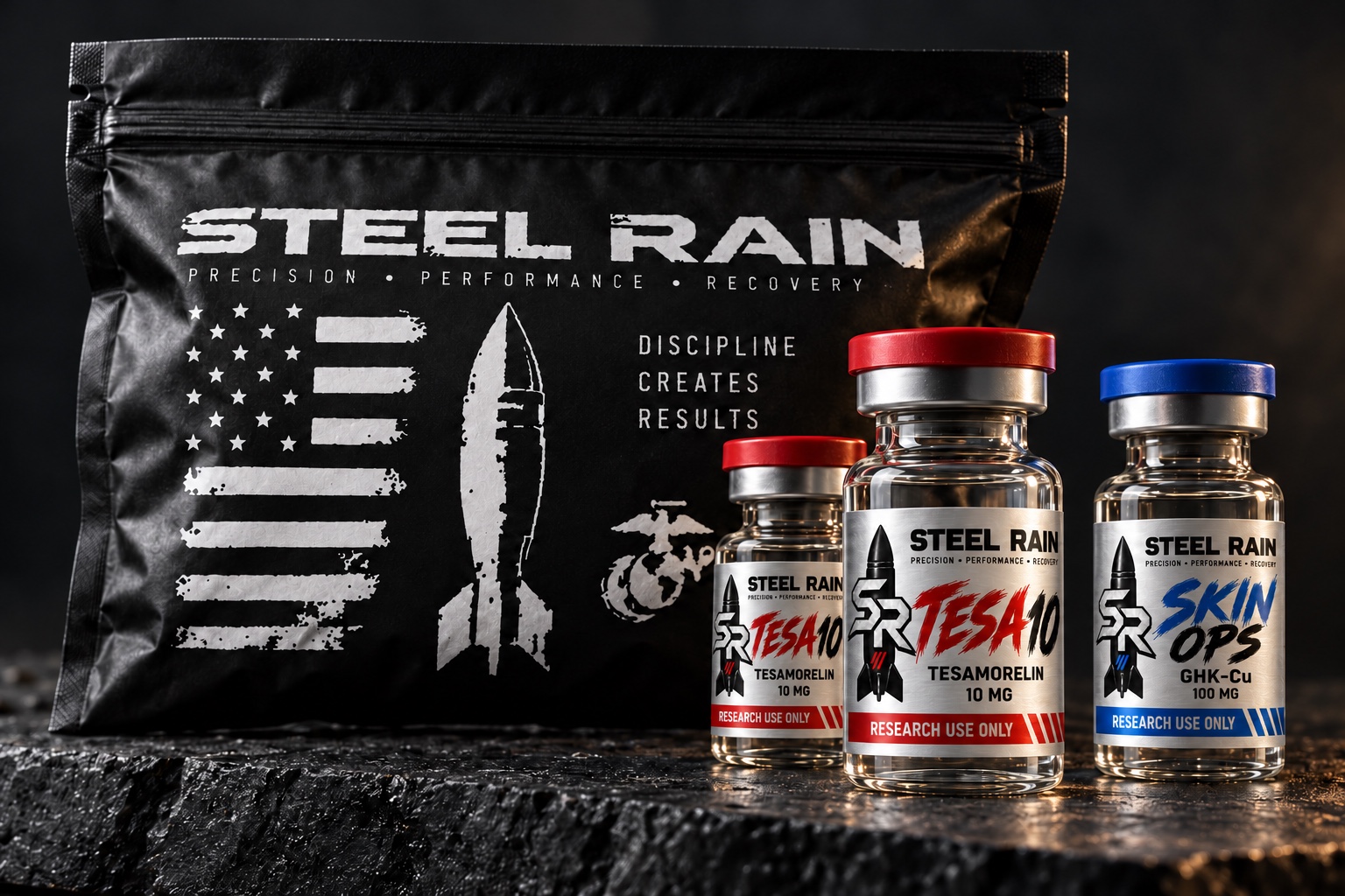 Steel Rain black research-supply pouch with a distressed flag and three TESA and Skin Ops research vials